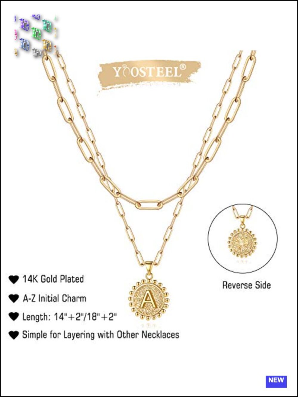 14K Gold-Plated Layered Initial Paperclip Chain Coin Necklace for Women - Picture 5 of 6